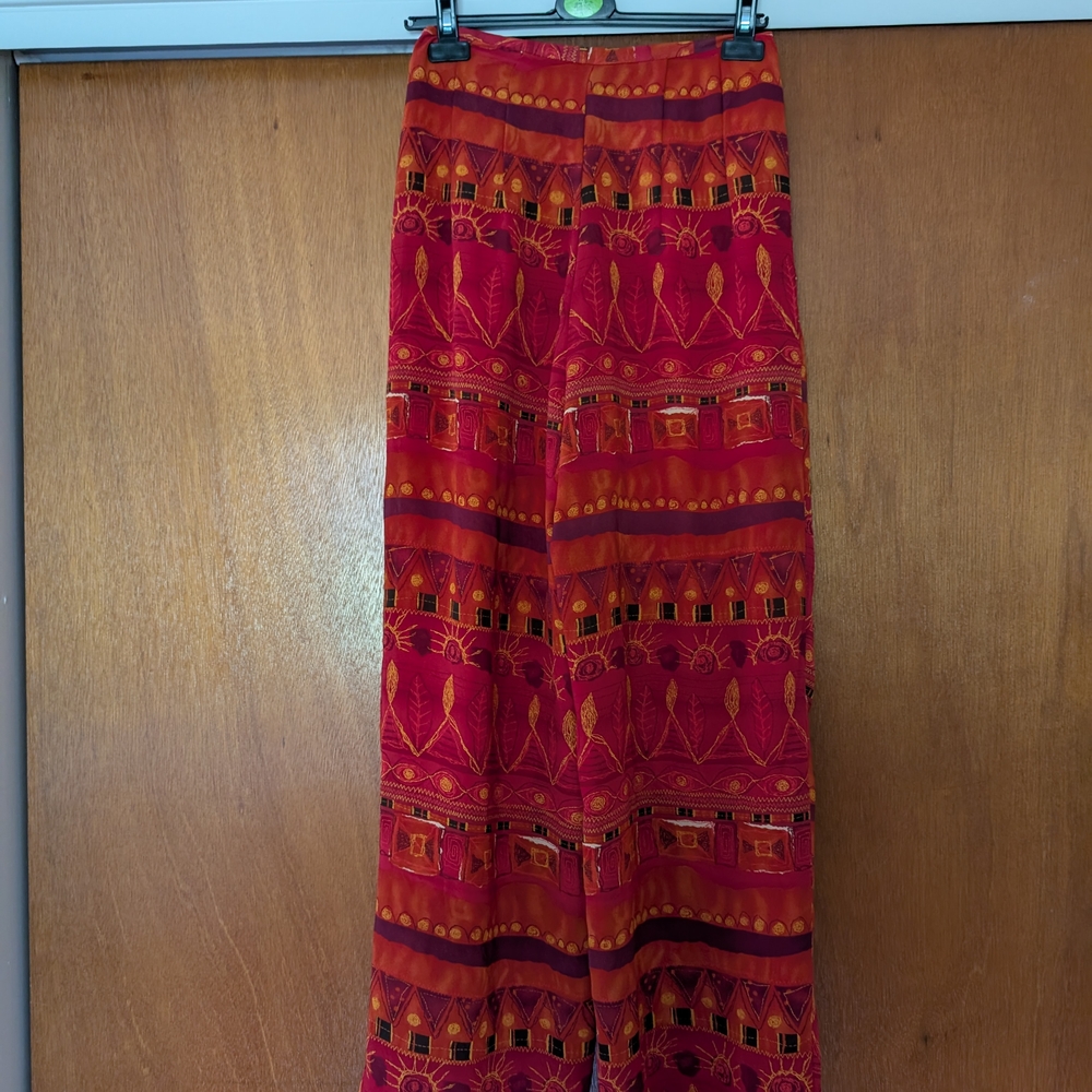 Vintage Bohemian Print Wide Leg Pants - Red and Orange Abstract Size Large - Picture 6 of 10